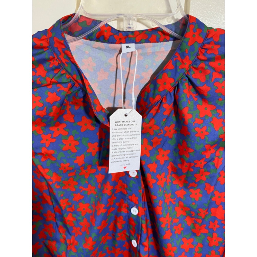 Floral Button Down Blouse Blue Red Star Flower Long Sleeve Top XL NWT - Picture 6 of 6